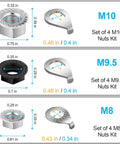 Image of 24 Piece Bicycle Nuts And Washers Kit With M8 M9.5 And M10 Sizes, showing each size's nut and washer dimensions in inches.