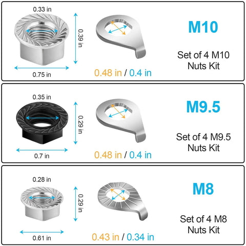 Image of 24 Piece Bicycle Nuts And Washers Kit With M8 M9.5 And M10 Sizes, showing each size's nut and washer dimensions in inches.