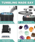 Illustration of Rock Tumbler Kit With Detachable Stone Polisher And Electric Gem Grinder showing tumbling process and polished gems