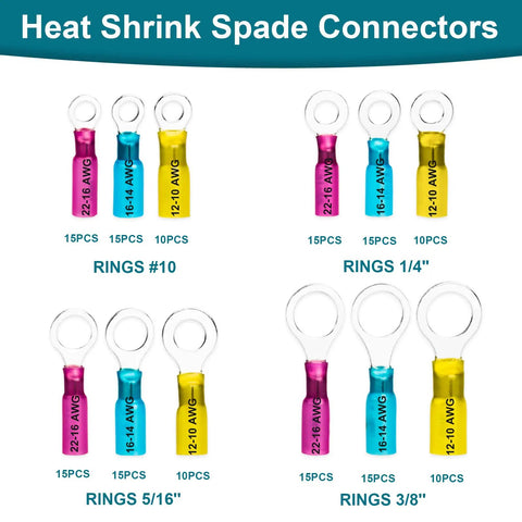 160-Piece Heat Shrink Wire Connectors Set 22-10 AWG Ring Terminals Waterproof for Marine and Automotive Fits Stud Sizes