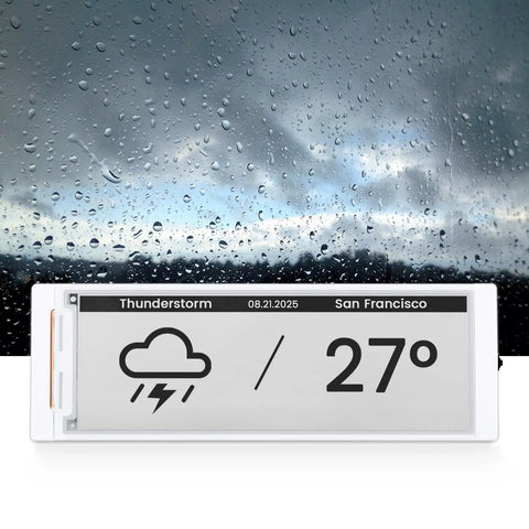 ESP32 S3 Powered 5.79 Inch E Ink Display E Paper HMI Module With SPI Interface Low Power Power Off Retention Dope Development Friendly For DIY IoT Projects And Handheld Gadgets Crisp Black White Display Battery Saver showing thunderstorm weather UI