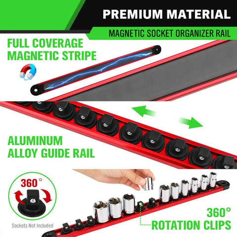 Heavy Duty Three Eighth Inch Magnetic Socket Organizer Rail With Aluminum Alloy Construction, 14 Clips, Red, tool tray shown
