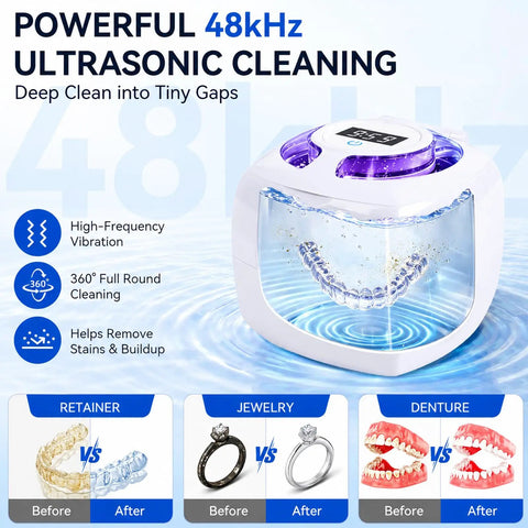 Ultrasonic Cleaner For Retainers And Dentures With 340ml Tank displaying 48kHz Sonic Cleaning and UV light features