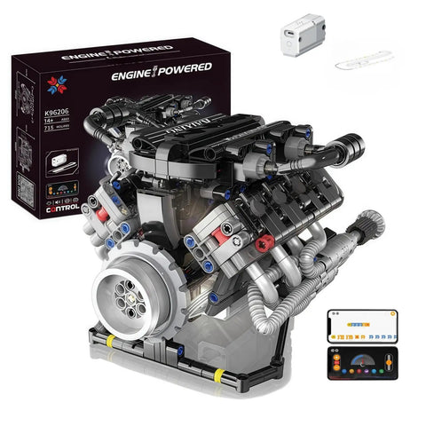 8 Cylinder Visible Engine Kit With App Controls, Build Your Own Mini Engine Model With 715 Plus Pieces, displayed with packaging and controls.