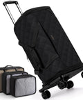 Four In One Rolling Garment Bag For Travel With Wheels Carry On Size Duffle Convertible Suit Carrier For Men And Women Large Capacity With Shoes Compartment Hanging Suit Dress Weekender Bag Four Piece Set in black with 360° wheels and additional packing cubes.