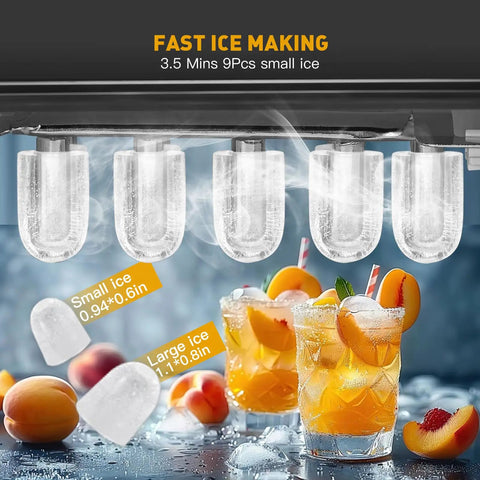 Countertop Ice Maker For Home And On The Go, Quick 3.5 Minutes Small Ice With 9 Cubes Per Cycle showing ice cubes and drinks