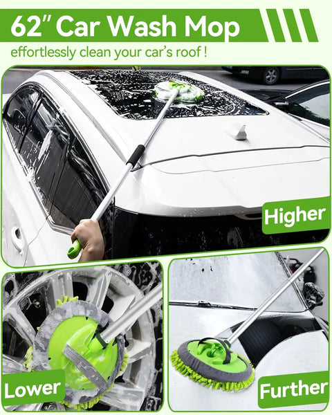 62 Inch Long Handle Car Wash Kit With Microfiber Heads, No Scratch Exterior Cleaning for Cars on a white car roof.
