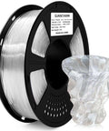 Crystal Clear PLA Filament 1.75Mm 1Kg Spool on black reel with 3D printed vase example, showcasing transparency and precision.