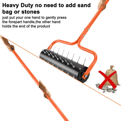 21-Inch Rolling Lawn Aerator With 45 Preassembled Spikes, orange U-shape handle, illustrates no need for sandbags.