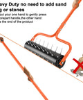 21 Inch Rolling Lawn Aerator With 45 Carburized Spikes, orange design, ergonomic handle shown in use, no extra weight needed