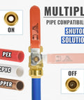 Image showing a Three Quarter Inch Push To Connect Ball Valve No Lead Brass Full Port compatible with PEX, CPVC, and copper pipes.