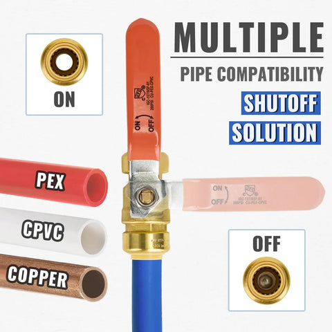 Image showing a Three Quarter Inch Push To Connect Ball Valve No Lead Brass Full Port compatible with PEX, CPVC, and copper pipes.