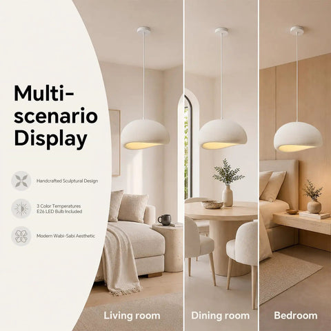 Bennyes Wabi Sabi Pendant Light 19.7 in White Modern Pendant Lights shown in living room, dining room, and bedroom settings.