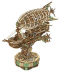 3D Wooden Airship Puzzle For Adults, Steampunk Vibe Fantasy Model Kit with intricate mortise and tenon on a decorative base.