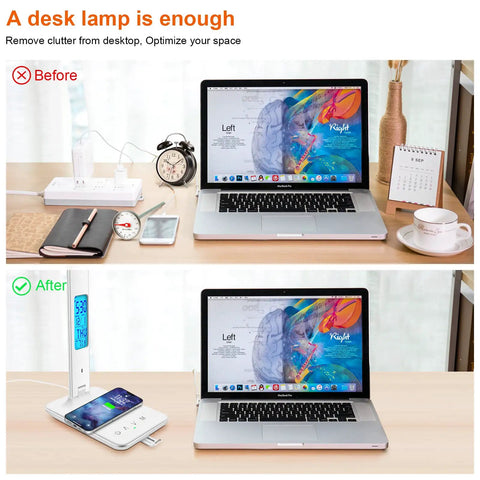 Desk Lamp With Wireless Charger And USB Port, Dimmable LED Table Light With Clock, Alarm, Date And Temperature shown on desk