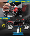 Remote control car on adjustable stand with multi shock clamp shaft, part of All In One Tool Kit For Remote Control Cars Boats Drones