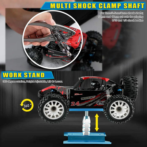 Remote control car on adjustable stand with multi shock clamp shaft, part of All In One Tool Kit For Remote Control Cars Boats Drones