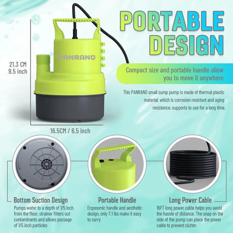 Portable 1/4 HP Submersible Sump Pump 1500 GPH Utility Water Pump With 164 Foot Power Cord And Adapters For Swift Basement Pond Pool Flood Extraction Hassle Free Setup No Sweat Drainage Lemon Yellow with ergonomic handle and compact design.