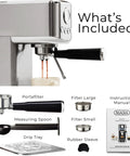 Compact Espresso Machine With 20 Bar Pump And Milk Frother Steam Wand For Barista Grade Lattes And Cappuccinos shown with accessories.
