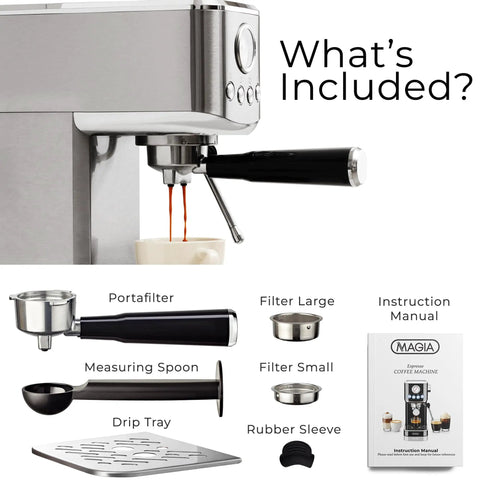 Compact Espresso Machine With 20 Bar Pump And Milk Frother Steam Wand For Barista Grade Lattes And Cappuccinos shown with accessories.