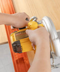 Top Shelf 50 Inch Aluminum Straight Edge Cut Guide For Circular Saw Router And Jigsaw With Dead On Quick Lock Clamp in use on wood.