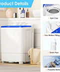 Game Changer Compact Twin Tub Portable Washing Machine With Fast Spin Dryer And Simple Dial Controls showing spin cap, water ports, and drainage.