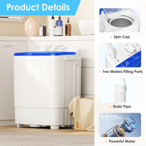 Game Changer Compact Twin Tub Portable Washing Machine With Fast Spin Dryer And Simple Dial Controls showing spin cap, water ports, and drainage.
