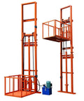 Heavy Duty Hydraulic Lift Platform For Factory Material Handling With One Touch Electric Control And 32 Foot Vertical Cargo Elevation, orange steel structure and electric motor