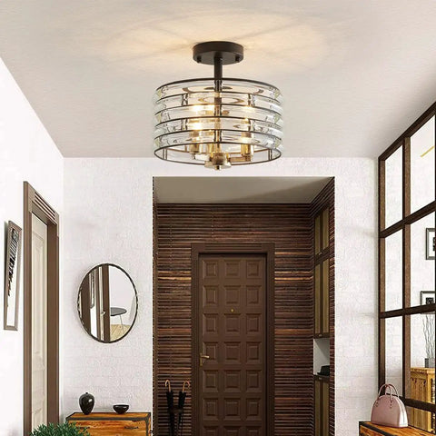 Crystal 3-Light Semi Flush Mount Ceiling Light Fixture With E12 Bases, D12 x H9 Inches, Sparkling Crystal Sticks Shade, Luxe Light Gold and Matte Black Finish, Perfect For A Lit Modern Living Room in entryway.