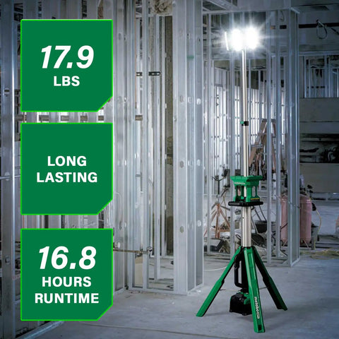 18V Cordless Tripod Work Light With 4000 Lumens Of Beast Bright LED Power 66 LEDs Across 3 Rotatable Panels Water And Dust Resistant Up To Sixteen Point Eight Hour Run Time Tool Body Only UB18DGQ4 in use on construction site