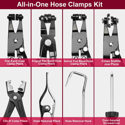 All-in-One hose clamp kit with 9 Piece Hose Clamp Pliers Set With Long Reach Clic R Swivel Jaw And Flat Band Pliers