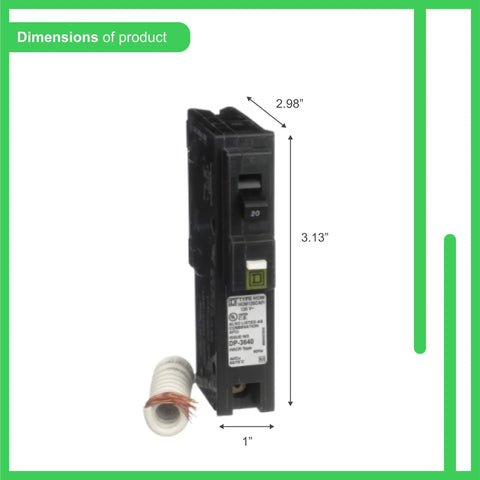 20 Amp Single Pole CAFCI Circuit Breaker For Home Electrical Use, 120/240V, Plug-On Design, dimensions labeled, Model HOM120CAFIC