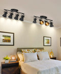 Bedroom with two Plug In Four Light Track Lighting Fixture In Industrial Black With Long 14.7 Foot Wire, ceiling lights.