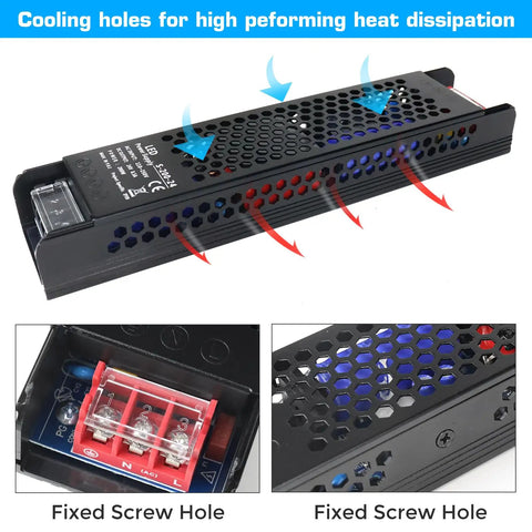 Cooling holes on 24V DC Power Supply 8.5A 200W Universal Regulated Switching Adapter for LED Strip Lights and Lighting Fixtures