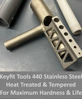 Pipe Drill Jig for Cylinders and Pipes Contractor Grade 440 Stainless Steel Heat Treated for Maximum Hardness and Life on workbench.