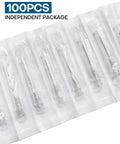 Top Shelf 100 Pack 27 Gauge 1 Inch 304 Stainless Steel Syringe Needles With Secure Caps For Lab Work Industrial Applications Built Different And Individually Wrapped in clear packaging.
