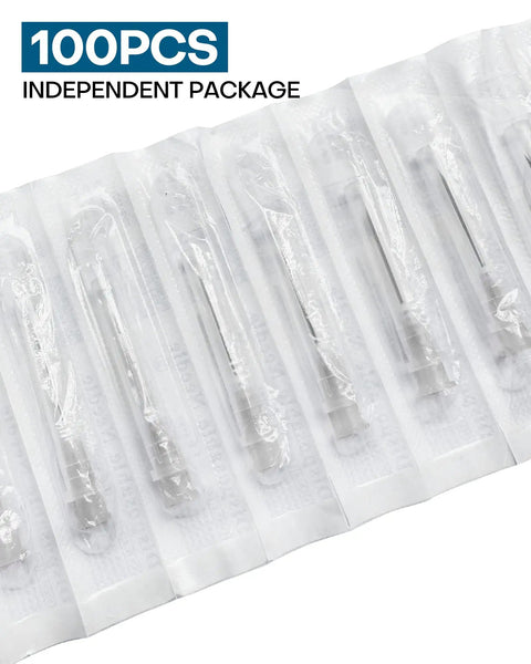 Top Shelf 100 Pack 27 Gauge 1 Inch 304 Stainless Steel Syringe Needles With Secure Caps For Lab Work Industrial Applications Built Different And Individually Wrapped in clear packaging.