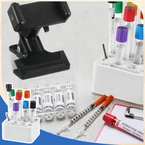 Mobile Phlebotomy Tube Holder Rack With Clamp Mount And Adjustable Tray, tubes and syringes for clinical labs display