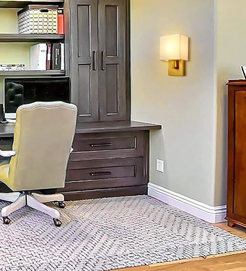 Gold Mid Century Wall Sconces Set Of 2 With White Linen Shade, Wall Mounted Indoor Lighting in a Home Office
