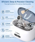 650mL Ultrasonic Jewelry Cleaner Machine With 35 Watt Power And 45Khz Frequency shown with stainless steel watch and cleaning cycles.