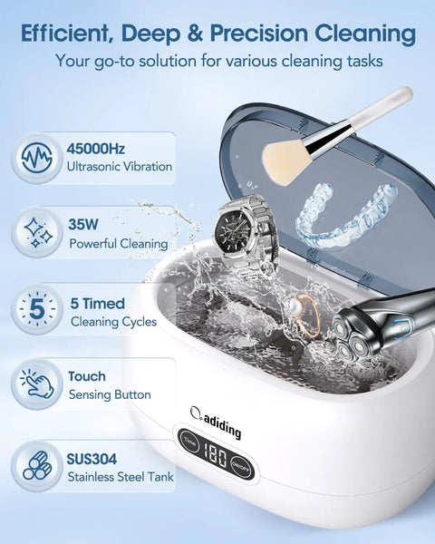 650mL Ultrasonic Jewelry Cleaner Machine With 35 Watt Power And 45Khz Frequency shown with stainless steel watch and cleaning cycles.