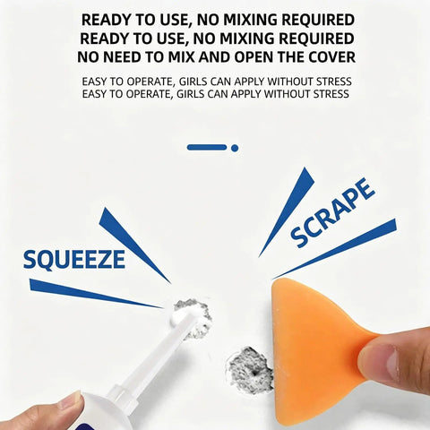 Diagram showing No Mess All In One Drywall Repair Kit With Scraper And Sandpaper in use, highlighting squeeze and scrape steps.