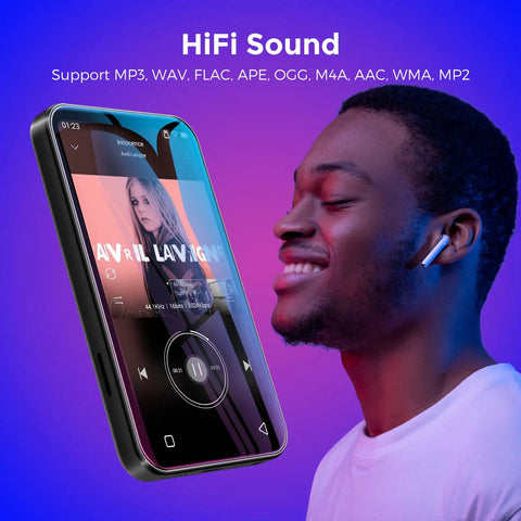 Man enjoying music with 72GB WiFi MP3 Player With Bluetooth 4.0 Inch Full Touch Screen MP4 Player With Speaker, purple background.