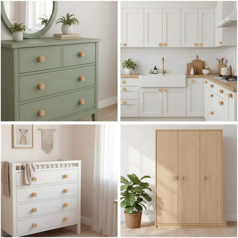 Boho Rattan Dresser Knobs Set With Natural Wood Cabinet Hardware And Handwoven Wicker Drawer Pulls on various furniture