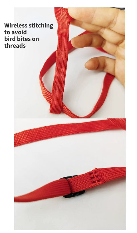 Adjustable Parrot Harness With Leash For Outdoor Flight Training 78.7 Inch Rope Kit close-up of red nylon strap and wireless stitching.