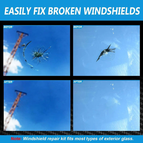 Windshield Chip And Crack Repair Kit With Suction Cup Bracket Glass Repair For Bulls Eye And Star Shaped Cracks Quick Easy DIY Fix For Car Windshield Chips Today showing before and after repair results.
