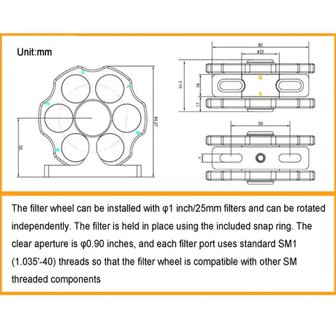 Technical diagram of Dual-Wheel 1-Inch Filter Wheel with SM1 Threaded Interface showing 6-position filter holder for telescopes.