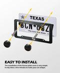 2 Pack Carbon Fiber Look License Plate Frames with fasteners, screws, washers, and "Easy to Install" text