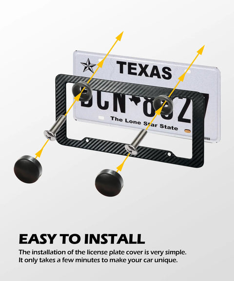 2 Pack Carbon Fiber Look License Plate Frames with fasteners, screws, washers, and "Easy to Install" text