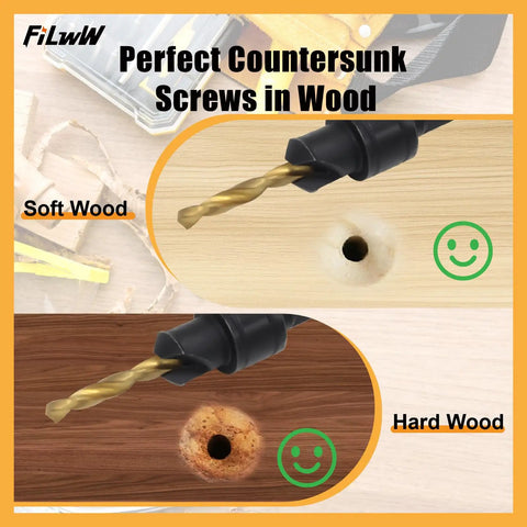 Image of a drill bit from the 12 Piece Countersink Drill Bit Set With Adjustable Countersink And Pilot Hole Bits, Magnetic Extension Bit Holder, Sizes 4 Through 12, Pro Grade Woodworking Kit With Easy Storage Box, making clean holes in soft and hard wood.